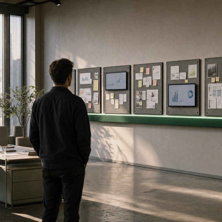 A media planner alone in a quiet agency office at dusk, facing a long wall of separate boards of fragmented work, with one continuous lit surface running beneath them.