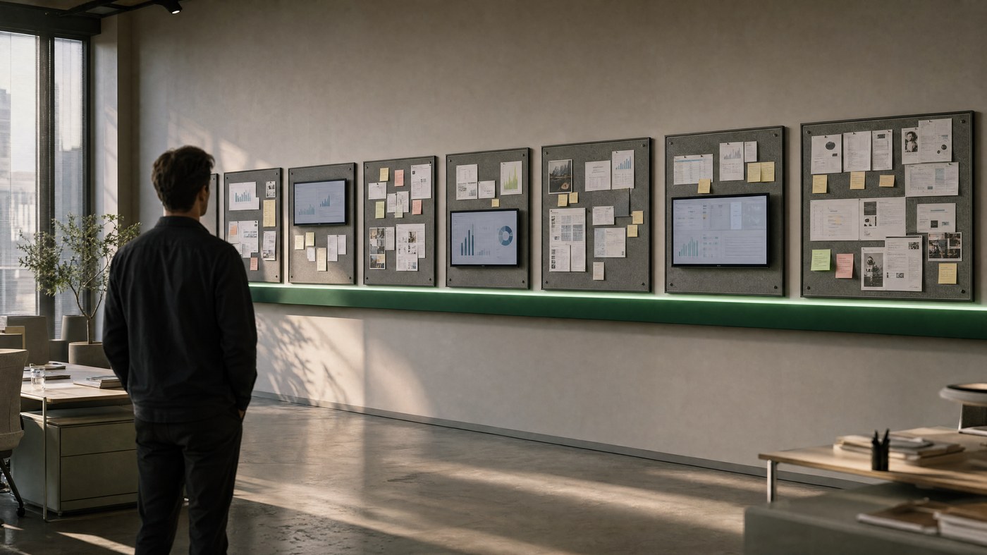 A media planner alone in a quiet agency office at dusk, facing a long wall of separate boards of fragmented work, with one continuous lit surface running beneath them.