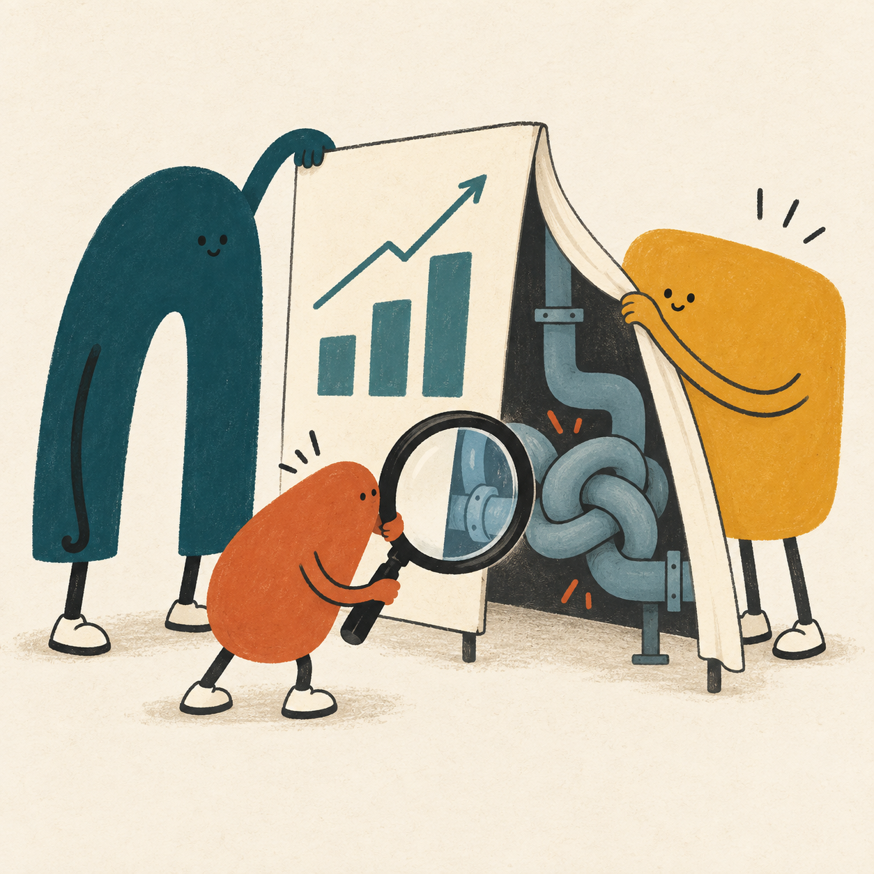 Three playful abstract characters reveal a knotted pipe behind campaign charts, illustrating business bottlenecks hidden from the data.